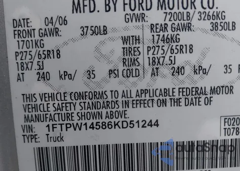 2006 Ford F-150 Fx4/Lariat/Xlt z USA, uszkodzony, nr VIN 1FTPW14586KD51244